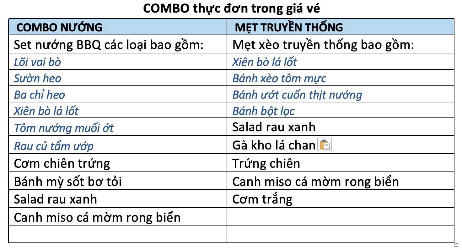 Menu trong combo tại Phong Nha Valley