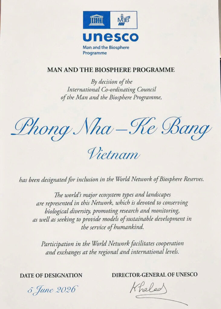 Phong Nha - Kẻ Bàng chính thức được UNESCO công nhận là Khu Dự trữ sinh quyển thế giới 41 Phong Nha - Kẽ Bàng được công nhận là Khu dự trữ sinh quyển thế giới